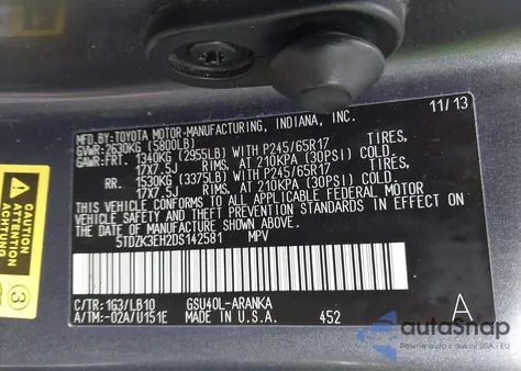 2013 Toyota Highlander Se V6 из США, поврежденный, VIN 5TDZK3EH2DS142581